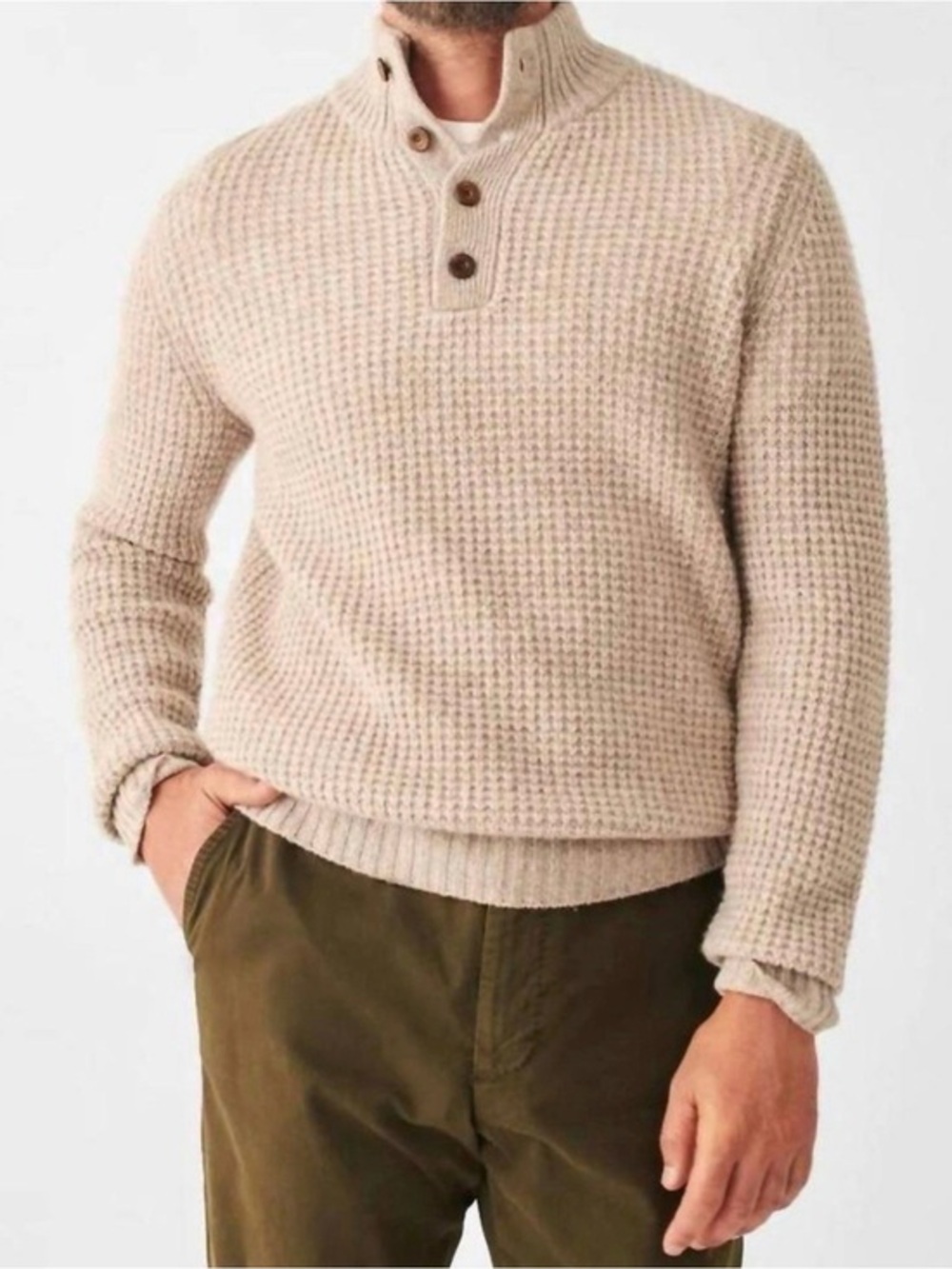 FAHERTY men's cashmere wool quarter button sweater in oatmeal marl tan Size XXL